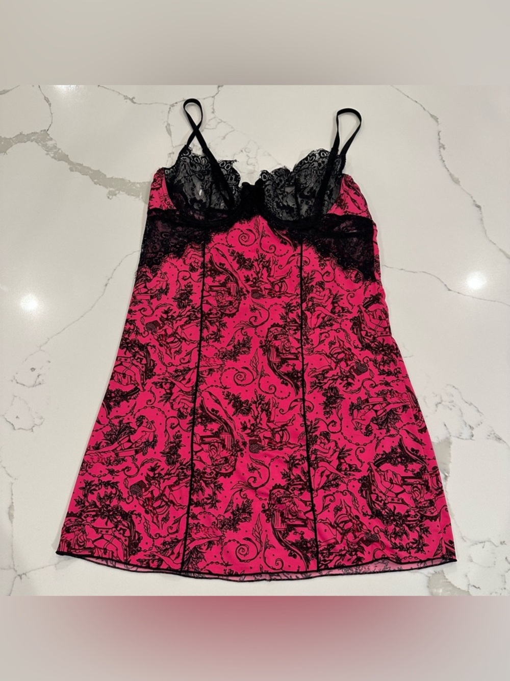 Seven Til Midnight Hot Pink Black Lace Chemise Slip Dress Lingerie M Coquette